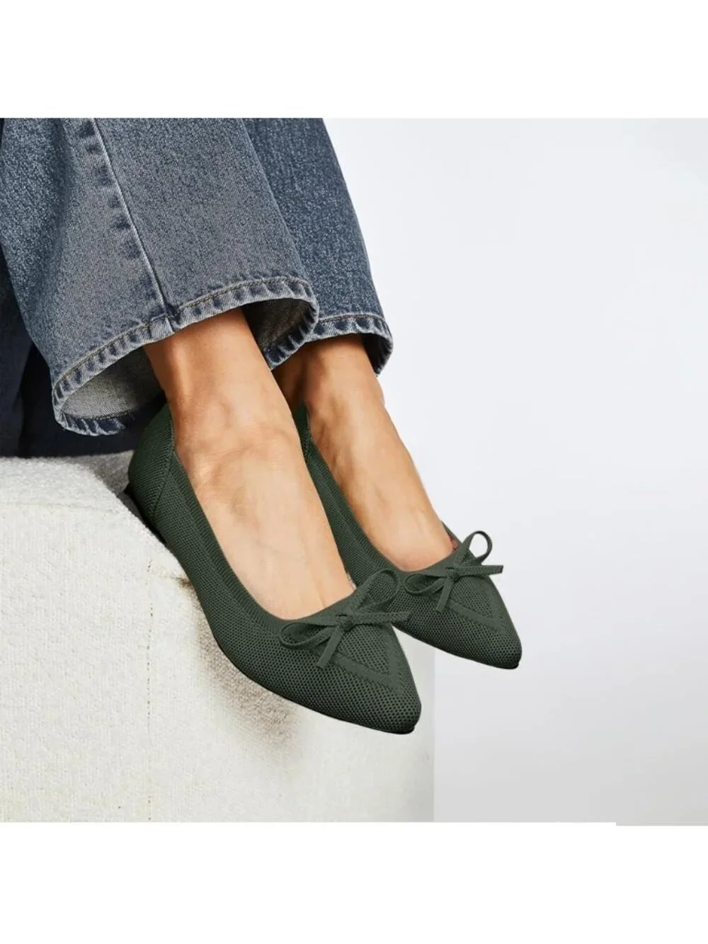 Women's Green Flats Pointed Toe Bow Knit Ballet Shoes Comfortable Dressy Mesh